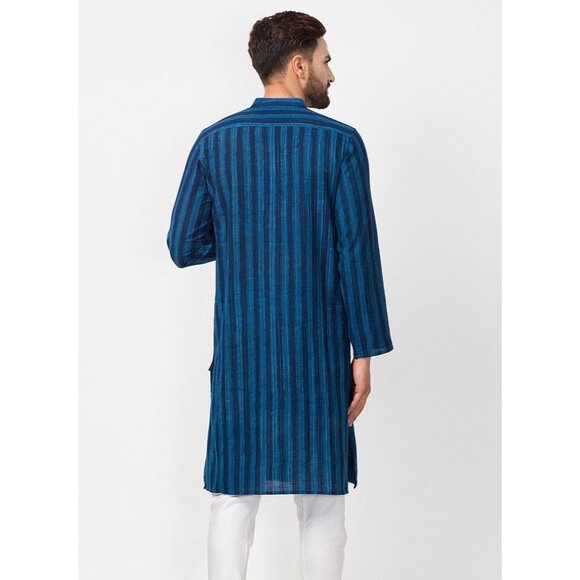 Prabartana Men's Punjabi Kurta 100% Cotton Hand Loomed Blue Teal Striped Tunic - Picture 12 of 12